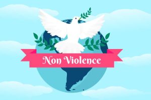 Illustration of a white dove carrying an olive branch with a banner reading “Non Violence,” symbolizing Jain values of Ahinsa, Satya, and Seva.