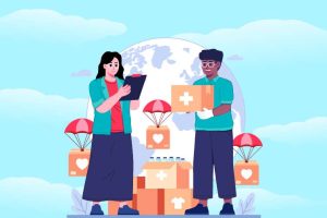 Illustration of two people distributing medical and relief supplies with boxes marked with health symbols, representing humanitarian support and assistance programs.
