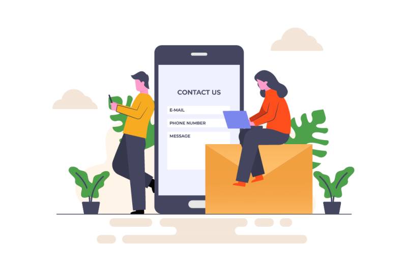 Illustration of two people using digital devices with a large mobile screen showing a contact form for email, phone number, and message submission.